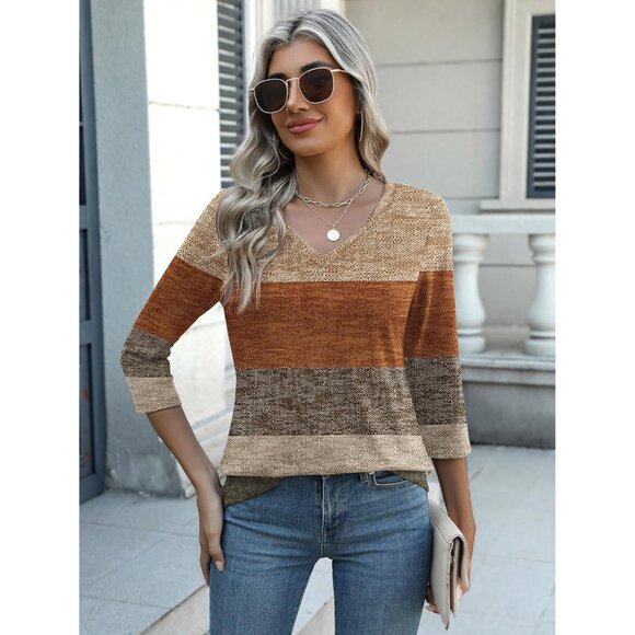 Womens 3/4 Sleeve V Neck Tunic Top Casual Blouse Summer Fall Basic Tee - Picture 4 of 6